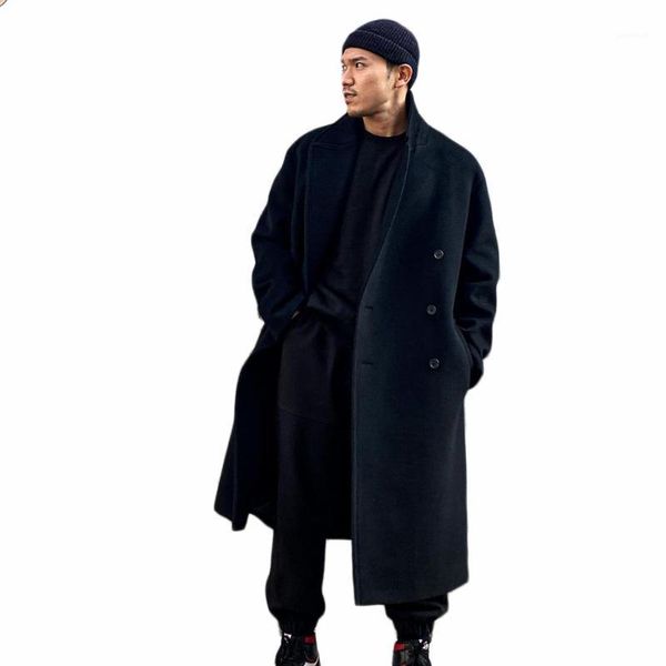 

woolen overcoat streetwear style men'ssingal breasted thick loose solid long-length warm casual trench winter coat male jacket1, Black
