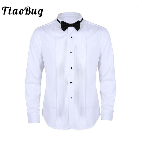 

tiaobug men long sleeve slim fit solid color casual tuxedo dress shirts with bow tie white business formal wedding party shirt1, White;black