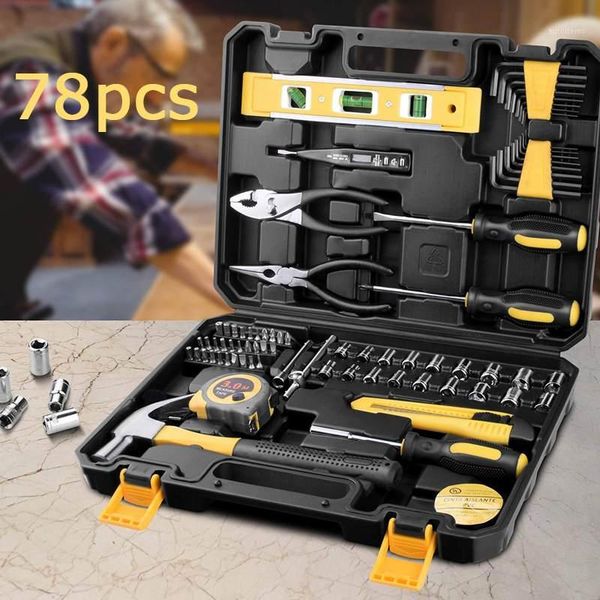 

78pcs hand tool set general household repair hand tool kit with plastic toolbox storage case socket wrench screwdriver knife1