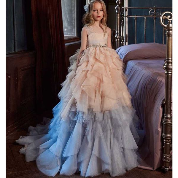 

girl's dresses 2021 two tone flower girl for wedding ruffles tiered skirts toddler pageant gowns tulle birthday first communion dress, Red;yellow