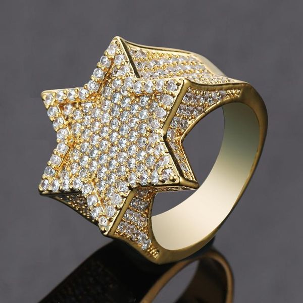 

new iced out hexagon star rings for men/women micro paved gold silver color finish cubic zircon charm hip hop jewelry ring gift, Golden;silver
