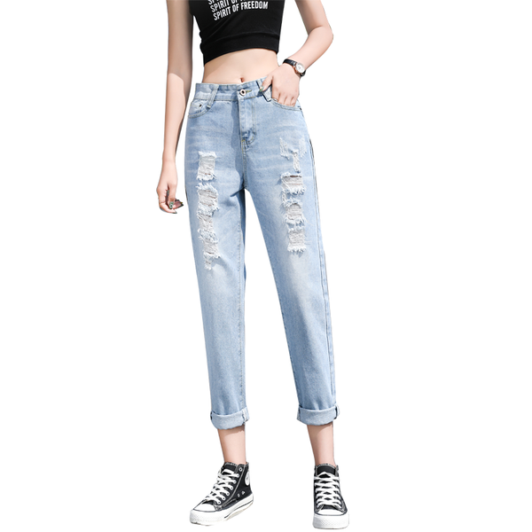 

women's jeans women pencil ankle-length hole denim womens trendy simple korean style trousers female elegant girls, Blue