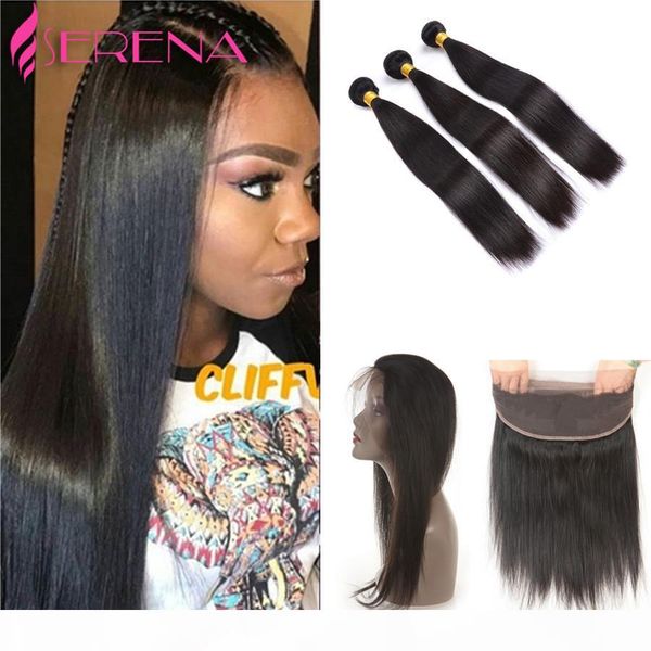 

360 lace frontal with bundles 7a straight peruvian virgin hair 3pcs bundles with 360 frontal band lace closure natural hairline, Black;brown