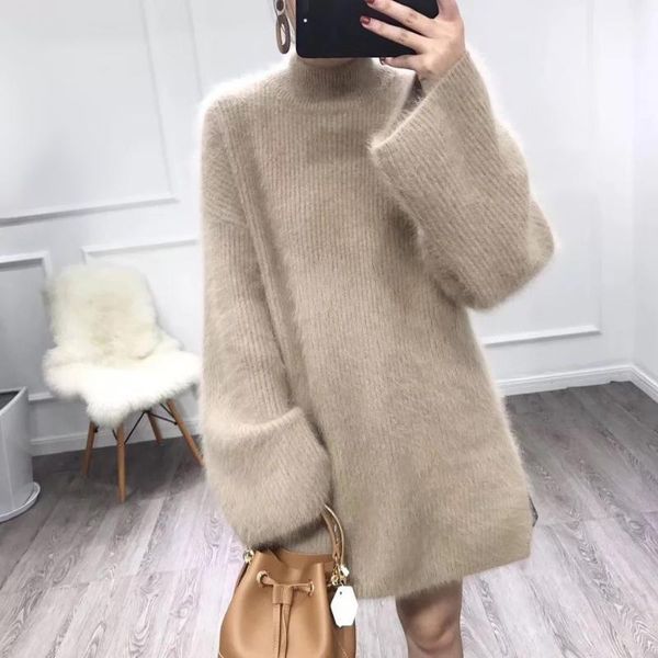 

autumn winter long turtleneck sweater women loose lazy oaf flare sleeve fluffy synthetic mink cashmere sweater knitted jumpers11, White;black