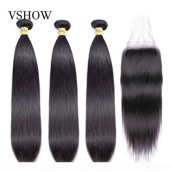 

brazilian straight hair 3 bundles with closure 100% human hair bundles with closure vshow remy hair weave bundles, Black