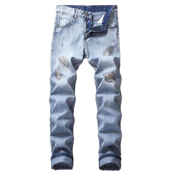 

cross border foreign trade men with holes slim fit jeans embroidery blowing yarn wish amazon cowboy trousers1, Blue