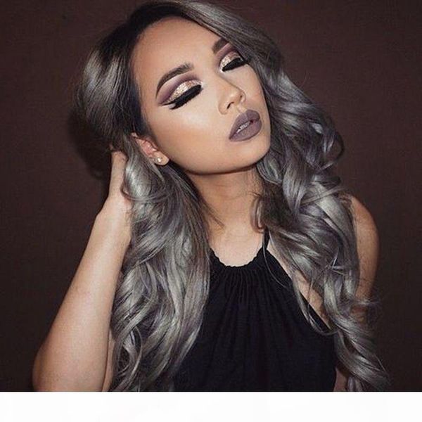 

body wave full lace wig gray color with black hair roots human hair with baby hair for black women, Black;brown