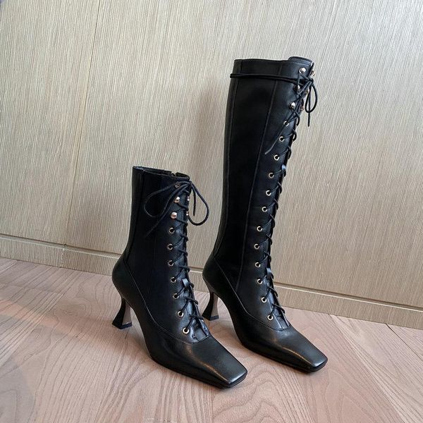 

women long high heel boots genuine leather women knee high boots square toe black