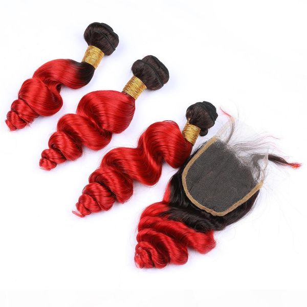 

волосы красные ombre сыпучие переплетений индийский virgin людская волна с closure 3bundles # 1b красный ombre сыпучие волнистые virgin hair, Black