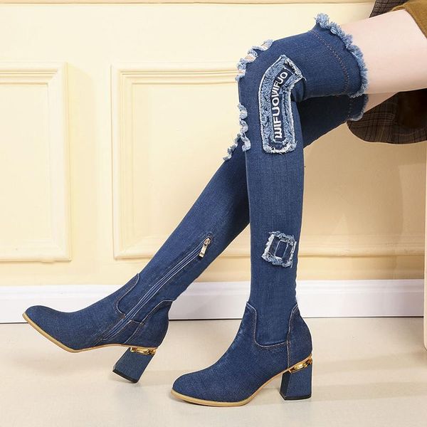 

womens denim boots over the knee pointed toe thick high heels shoes woman casual tassel cut out jeans long botas mujer, Black