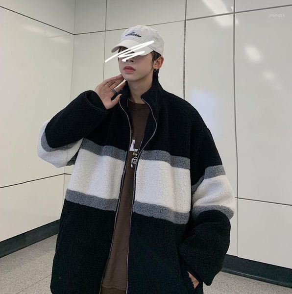 

2020 autumn and winter new youth fashion loose contrast stand-up collar lamb wool coat fashionable casual all-match, Black