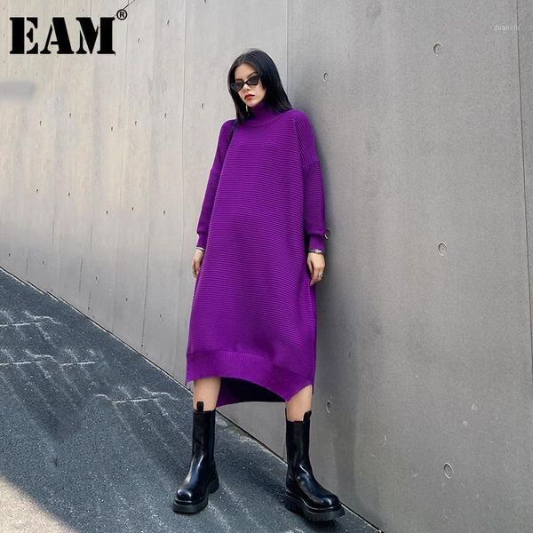 

eam] women irregular big size long knitting dress new turtleneck long sleeve loose fit fashion tide spring autumn 2021 1db5121, Black;gray