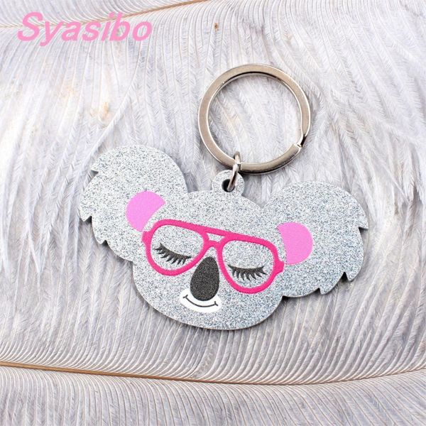 

2021 latestkoala glitter (1piece)63mm acrylic pink silver glasses monagram keychain with ring 2.5"-kc031 new