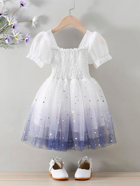 

toddler girls ombre star mesh overlay shirred puff sleeve dress she, Red;yellow