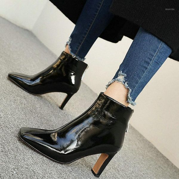 

block heeled square toe ankle boots woman fall new high heels faux patent leather short boots women black beige red shoes 20201
