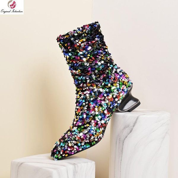 

fashion rainbow color women ankle boots square toe boots strange style sequins handmade basic ankle large size 33-45, Black