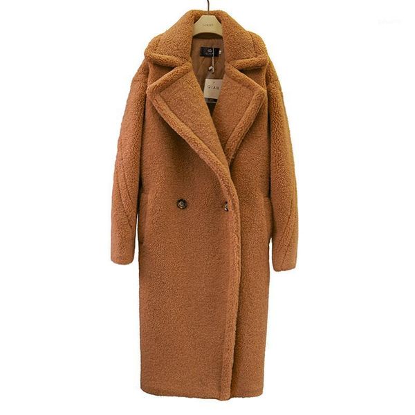 

2020 autumn winter fashion women lamb wool coat loose imitation cashmere outerwear cotton padded lining overcoat 5 colors wj861, Black