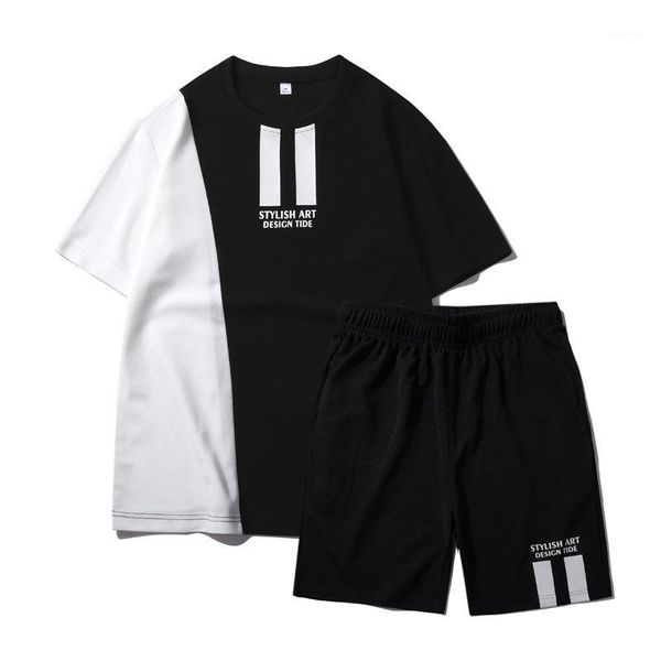 

men tracksuit 2020 summer new casual sets solid patchwork t shirts +shorts 2pc sweat suit mens sportswears loose tee shirts sets1, Gray