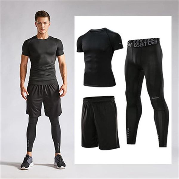 

quick fitness men's morning 3-piece gym drying tights spring and summer running suit training clothes, Gray