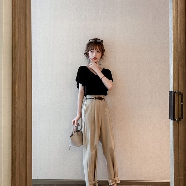 

9sux1 интернет комбинезон из двух частей широко ноги с короткими рукавами сверху западном стиле тонкие летние брюки возраста снижающих знаме, Gray