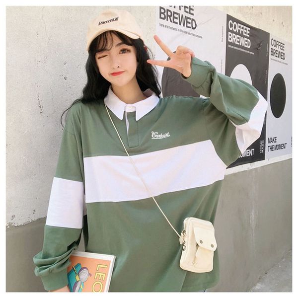 

Polo Women Shirt Long Sleeve Loose College Wind Embroidery Stitching Female Tops Cotton Black Green Striped Harajuku Polo Shirt