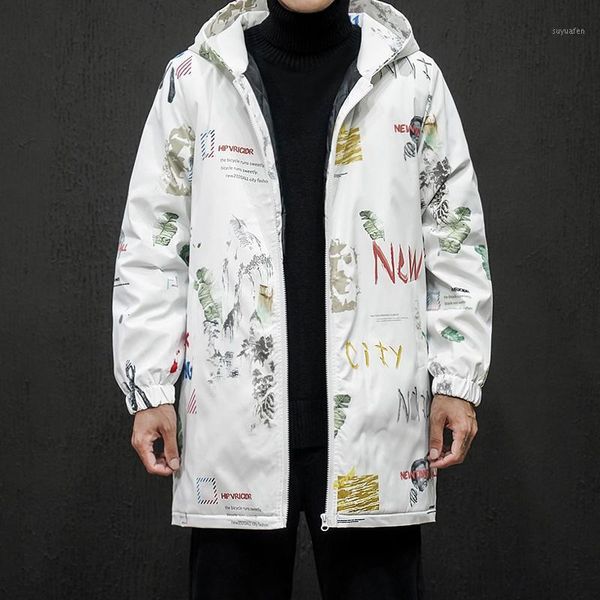 

winter warm parker coat new graffiti printed thicken long hooded jacket large size loose windbreaker white cotton-padded men1, Black