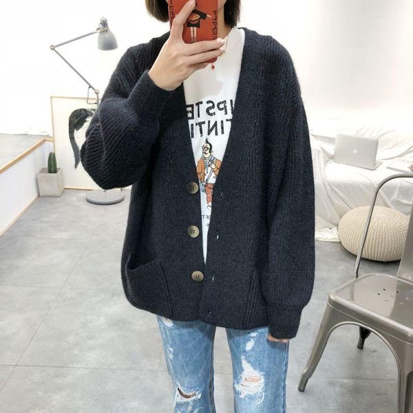 

woman loose plus size thicken cardigan harajuku female knitted sweater pull femme clothes women v-neck beige sweater outwear1, White
