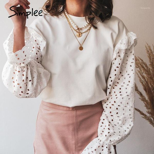 

simplee solid knitted women work blouse fashion flower pattern hollow long sleeve pullover casual round neck ladies home blouse1, White