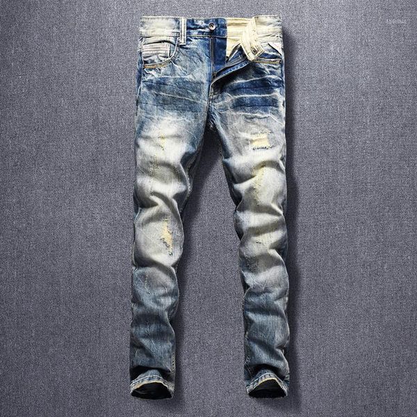 

men's jeans italian vintage fashion men retro patchwork slim fit ripped denim pants streetwear hip hop designer trousers1, Blue