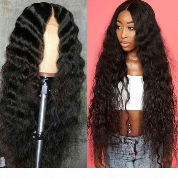 

long deep wave lace front human hair wigs with baby hair middle part 130%-180% density pre plucket glueless for women, Black