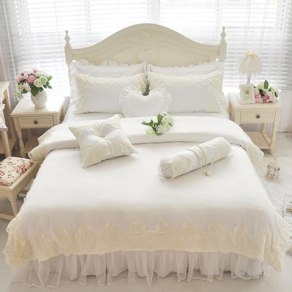 

luxury white lace bedding set silk cotton soft bedclothes girls kids twin  king size bed skirt set duvet cover pillowcases1
