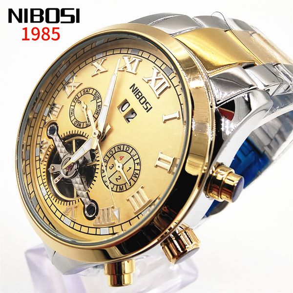 

nibosi automatic mechanical watch brand luxury stainless steel skeleton men's watch waterproof automatic sapphire glass wristwatch, Slivery;brown