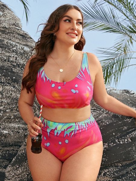 

plus graphic high waisted bikini swimsuit z5b0#, Black