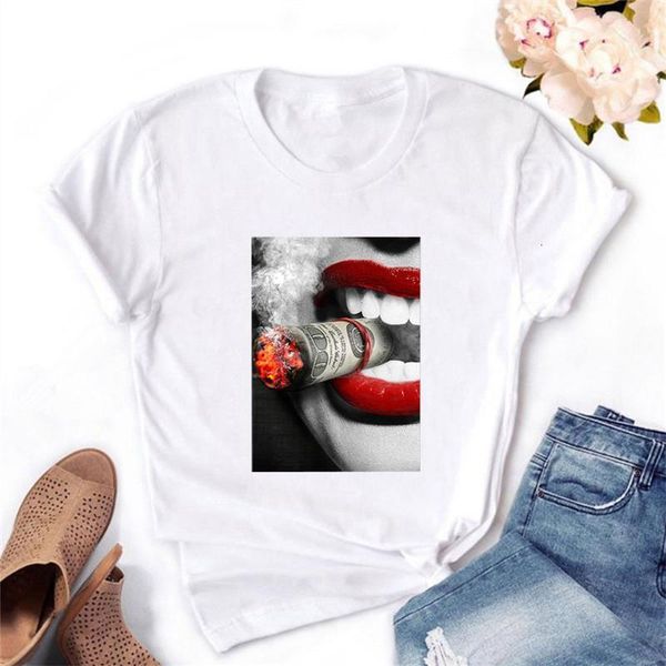 

cigarette and woman print funny t-shirt women t-shirt lady o-neck soft white summer harajuku casual tees