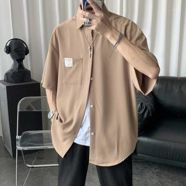 

2020 summer men's stripe printing mens shirts loose short sleeve suit collar high-quality cotton clothes shirts -2xl1, White;black