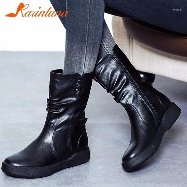 

boots karin brand platform flat with women shoes casual zipper round toe pleated autumn ankle boots1, Black