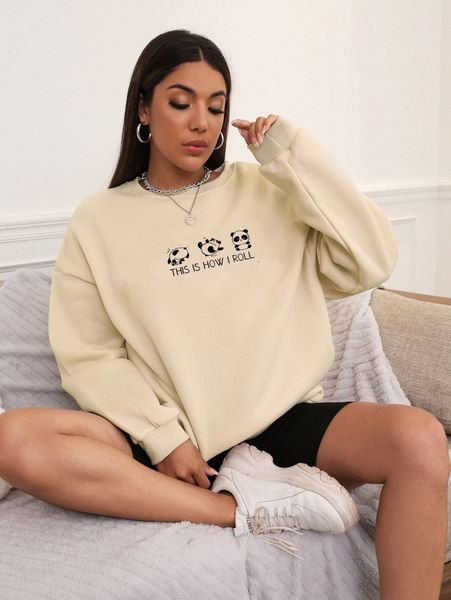 

cartoon panda & slogan graphic drop shoulder sweatshirt s1ub#, White;black