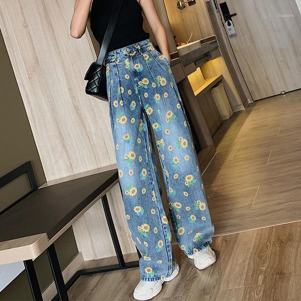 

2020 new autumn vintage jeans woman long trousers daisy embroidery female loose streetwear flower print pants1, Blue