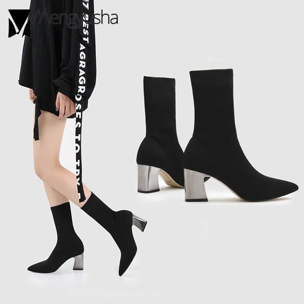 

2020 winter boots women stretch weaving short boots silver chunky booties femme high heels mid-calf botas kintted sock botines, Black