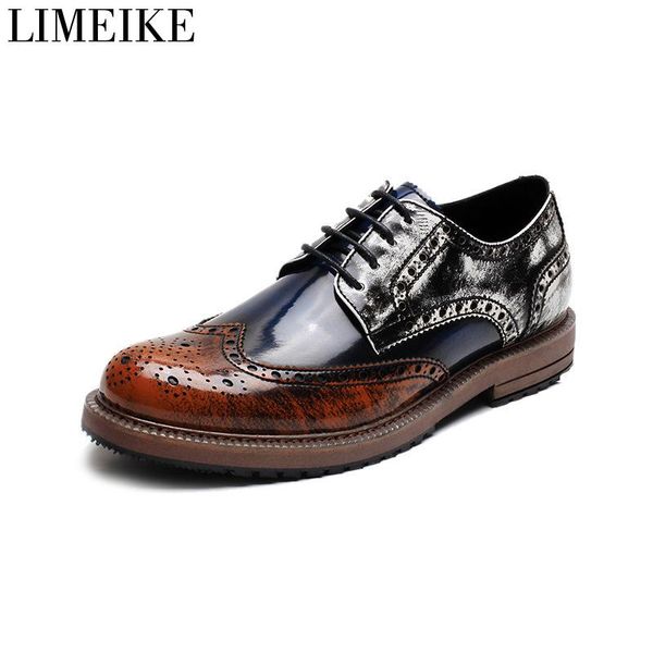

limeike мужчины смешанные цвета моды платье кожаные туфли lace-up свадьба обувь мужские brogue бизнес офис oxfords квартиры, Black