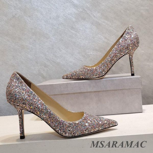 

dress shoes pointed toe shiny colorful sequins gradient party leather lining women high heels spring autumn ladies shoes1, Black