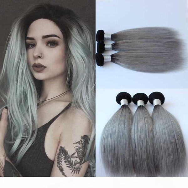 

new arrival brazilian 3pcs lot ombre silver grey hair weaving 1b gray two tone brazilian human hair extensions hair bundles, Black