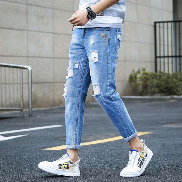 

quarter jeans korean slim hole beggar's spring and autumn leg pants men's, Blue