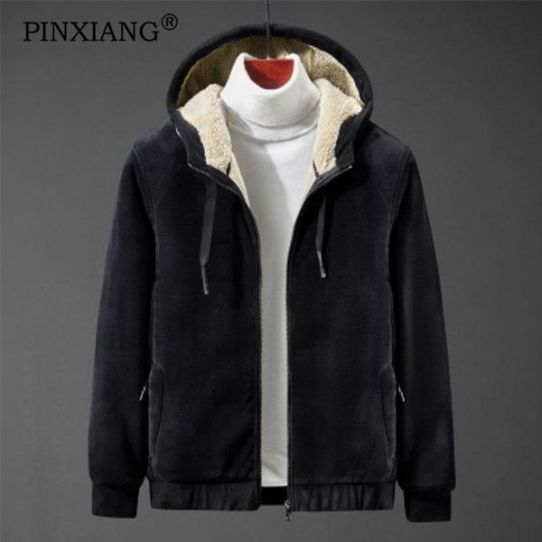 

pinxiang 2020 new men's jacket winter warmth hooded parka coat thick zipper jacket casual cotton round neck jackets fashion, Black