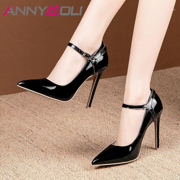 

dress shoes annymoli high heels women pumps patent leather thin wedding buckle pointed toe red bridal ladies size 461, Black