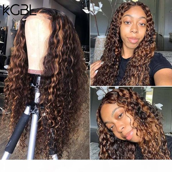 

kgbl t-part highlight ombred curly lace front human hair wigs 8-24'' brazilian non-remy wigs with baby hair 150% medium ratio, Black;brown