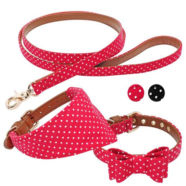 

small leather dog collar bandana dog walking leash cute dot bow cat collars lead leash for small medium dogs cats c wmtwyg