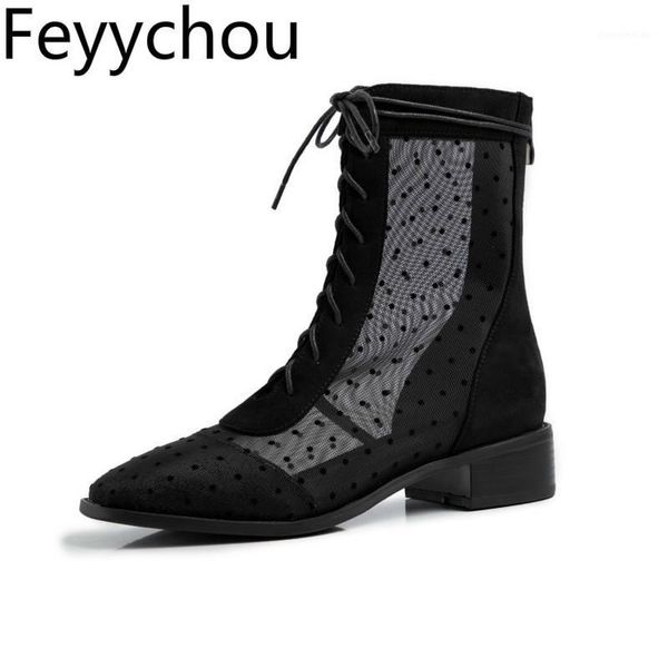 

boots women sandals spring autumn med heel square toe zip patchwork ankle flock air mesh 2021 fashion casual black beige1