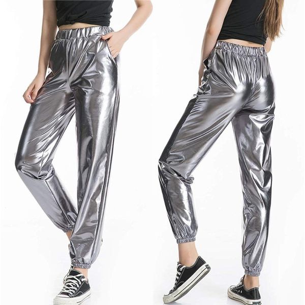 

casual women new high waist metallic shiny jogger sports pants ladies fashion holographic color streetwear yoga pants, White;red