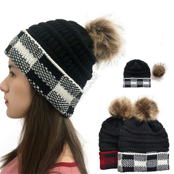 

winter hats beanies women tartan plaid color block warm wool caps knitted hat with fuzzy ball cap fashion skullies caps crochet hats d102711, Yellow